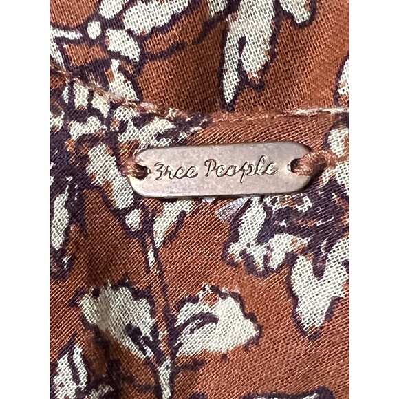 Free People Kika Dress Woman's XS Rust Tan Floral Black Hem Trim Tiered Cotton - Picture 7 of 8